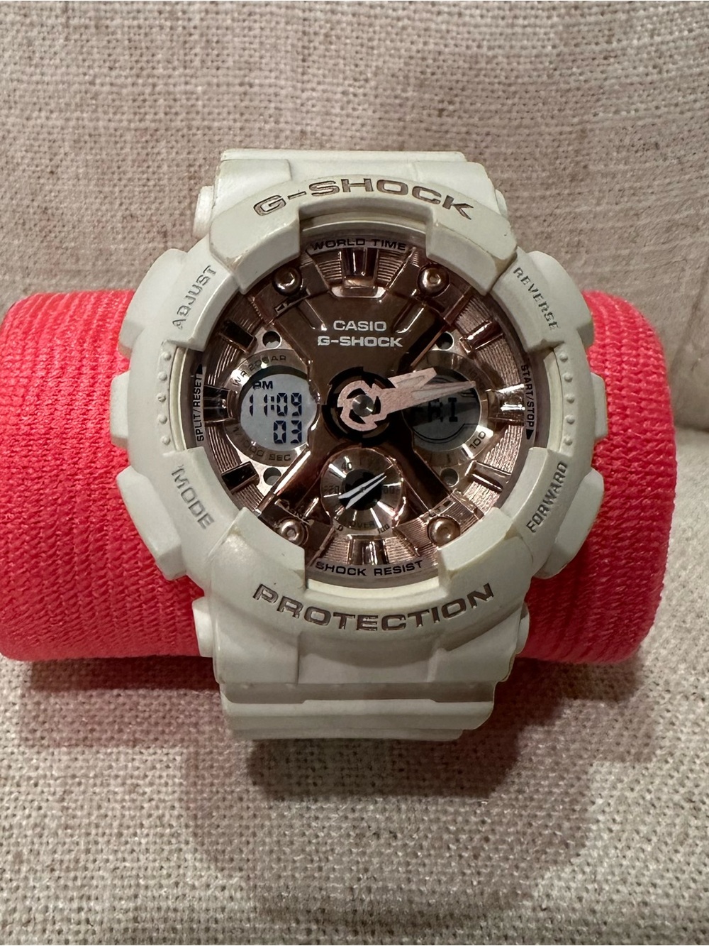 Casio G Shock Watch GMAS120MF-7A2 Womens White Rose Gold Dial Analog Digital